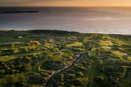 Aerial view of Royal Portrush Links Golf Course, dunes and Atlantic Ocean